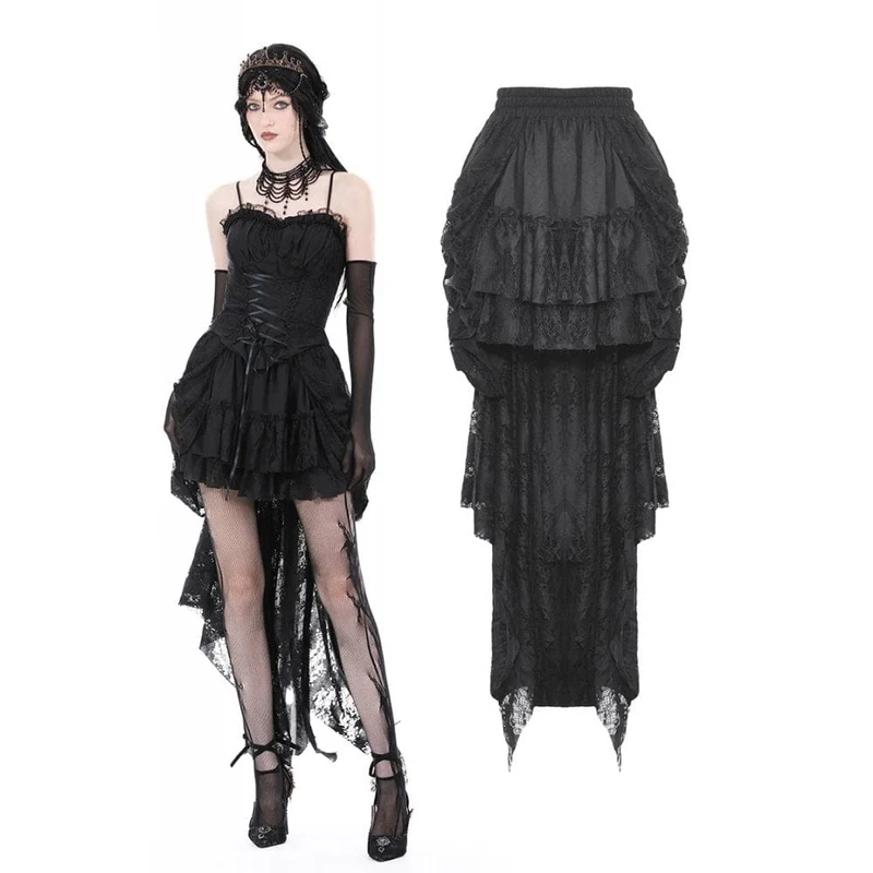 Mehrschichtiger, unbesäumter High-Low-Rock für Damen im Gothic-Stil