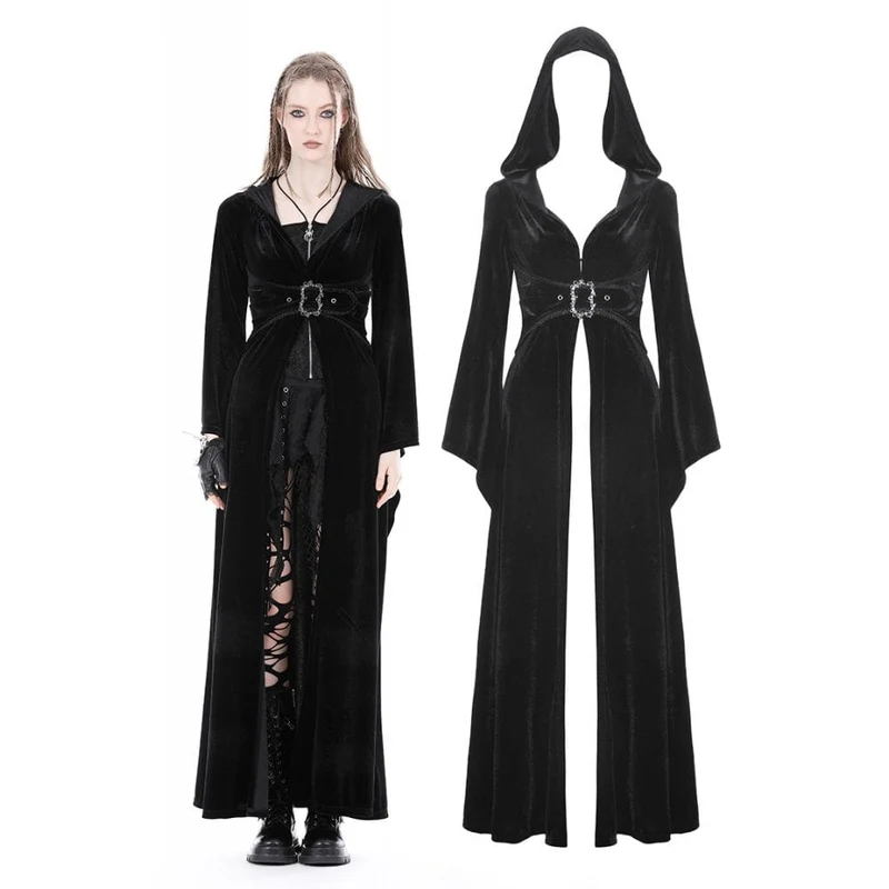 Damen-Gothic-Samtmantel mit ausgestellten Ärmeln, Schnalle und Kapuze