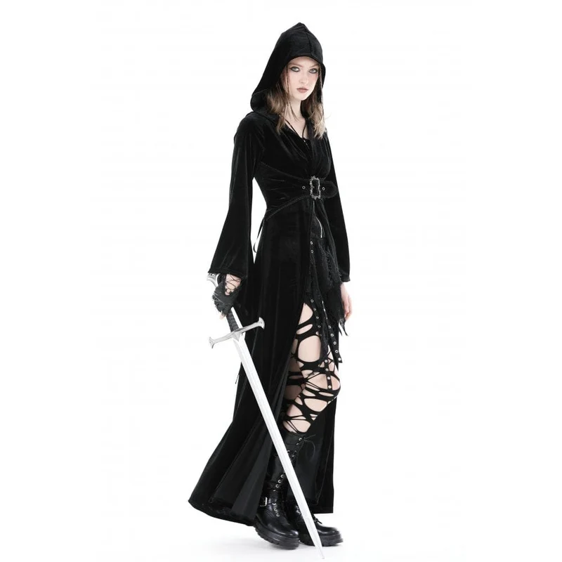 Damen-Gothic-Samtmantel mit ausgestellten Ärmeln, Schnalle und Kapuze