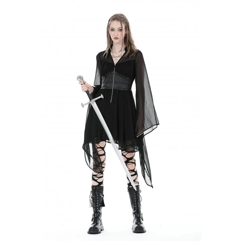 Damen-Gothic-Kleid mit unregelmäßigen, ausgestellten Ärmeln und tiefem Ausschnitt