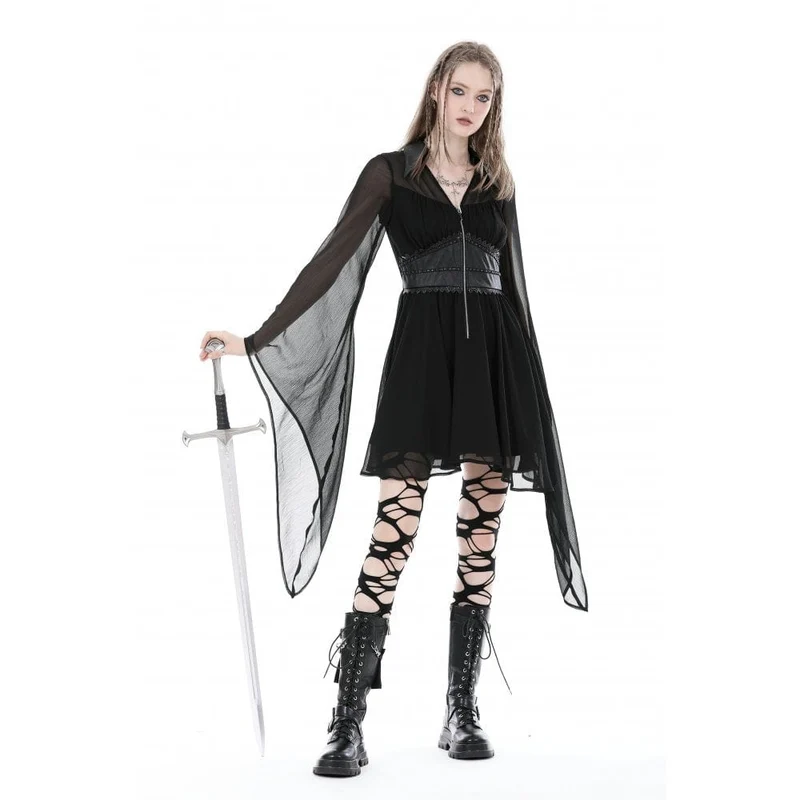 Damen-Gothic-Kleid mit unregelmäßigen, ausgestellten Ärmeln und tiefem Ausschnitt