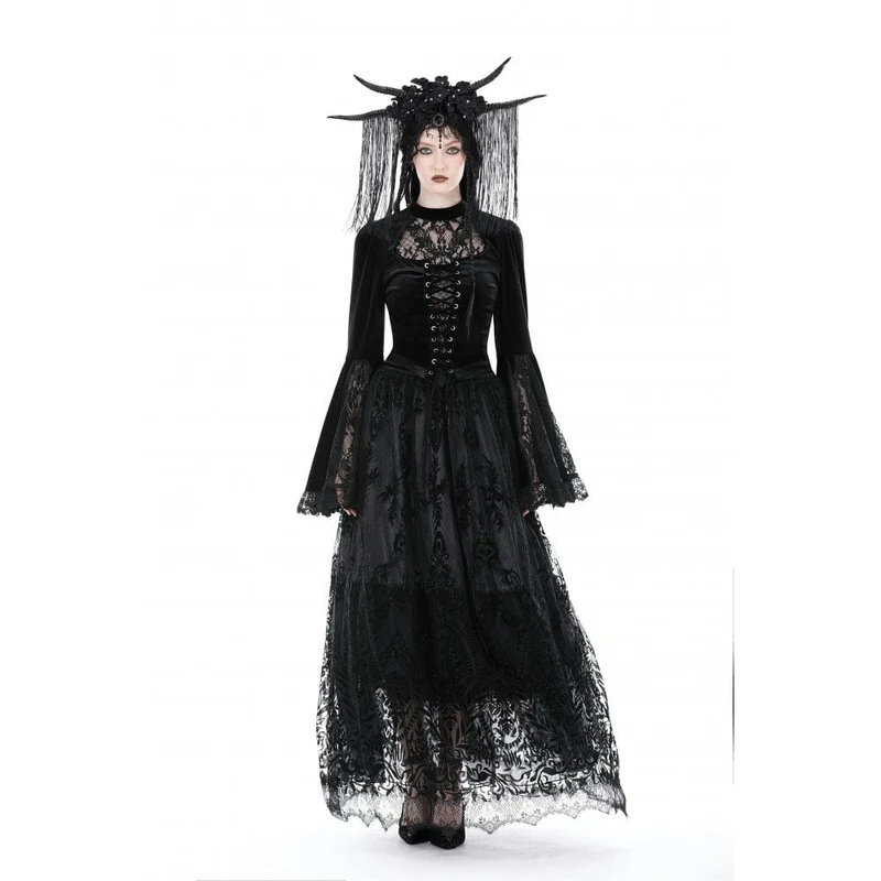 Damen Gothic Flared Sleeved Lace Splice Velvet Shirt