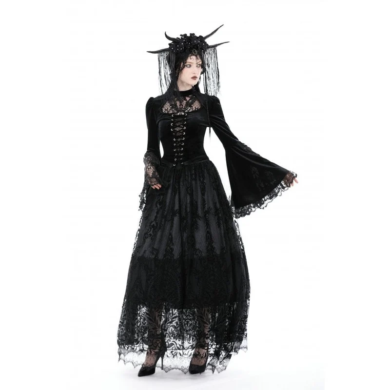 Damen Gothic Flared Sleeved Lace Splice Velvet Shirt