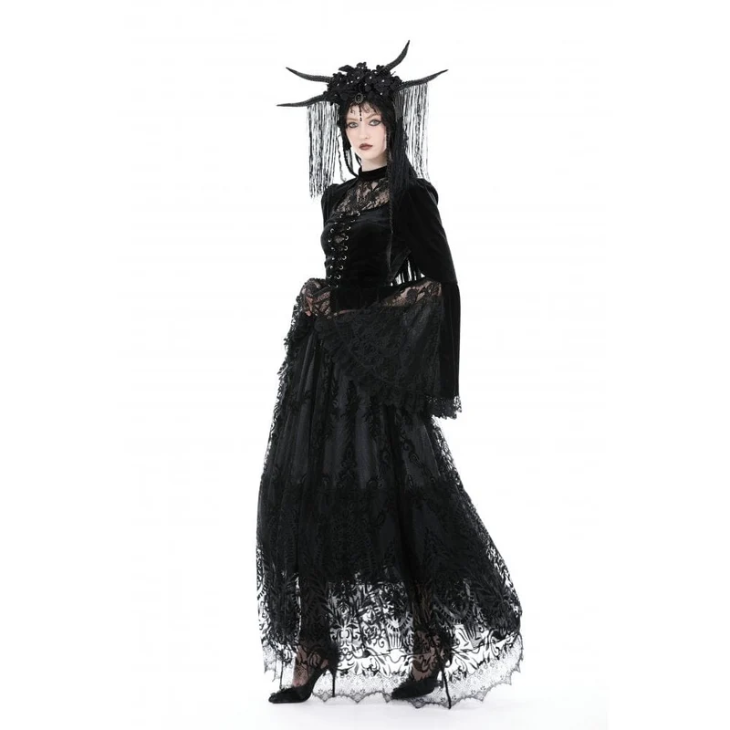 Damen Gothic Flared Sleeved Lace Splice Velvet Shirt