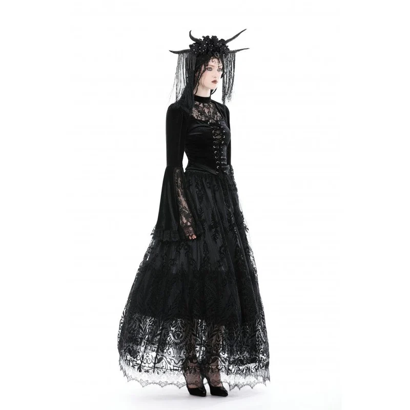 Damen Gothic Flared Sleeved Lace Splice Velvet Shirt