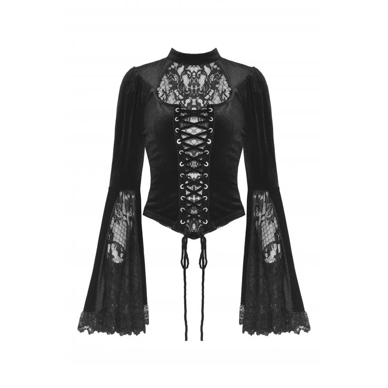 Damen Gothic Flared Sleeved Lace Splice Velvet Shirt