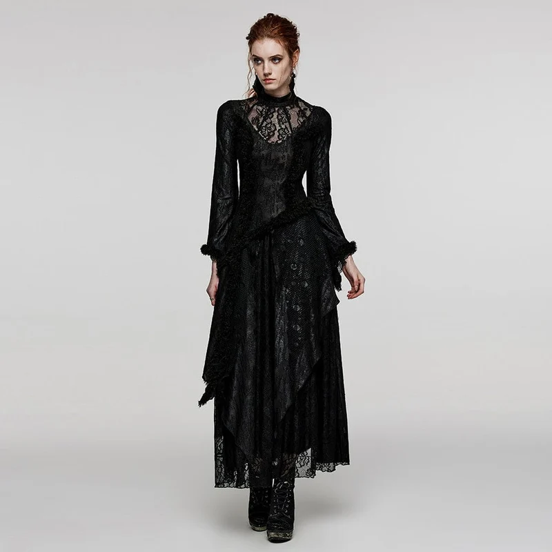 Damen-Hochzeitskleid im Gothic-Stil mit ausgestellten Ärmeln, Mesh-Splice-Spitze