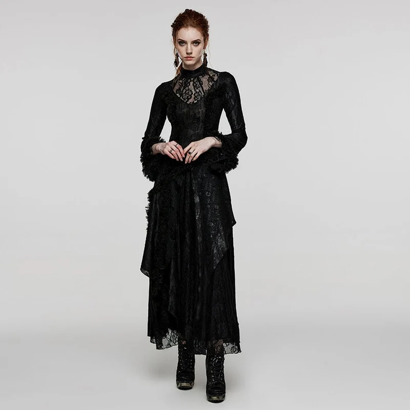 Damen-Hochzeitskleid im Gothic-Stil mit ausgestellten Ärmeln, Mesh-Splice-Spitze