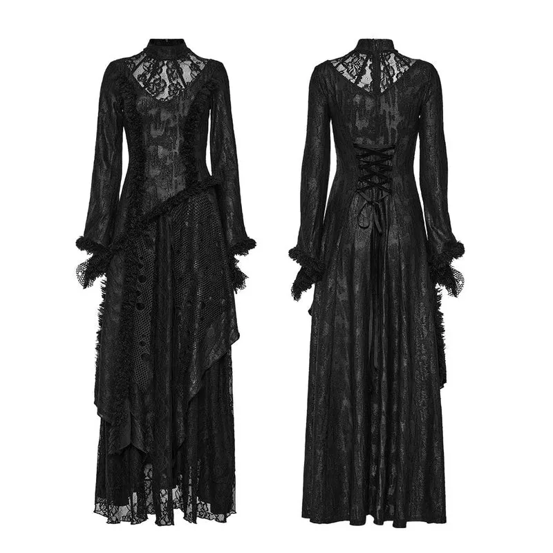 Damen-Hochzeitskleid im Gothic-Stil mit ausgestellten Ärmeln, Mesh-Splice-Spitze