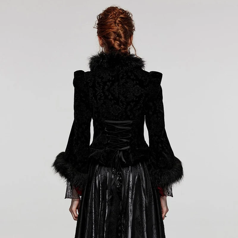 Damen-Gothic-Mantel mit tiefem Ausschnitt aus Kunstfell und Spleiß-Samt