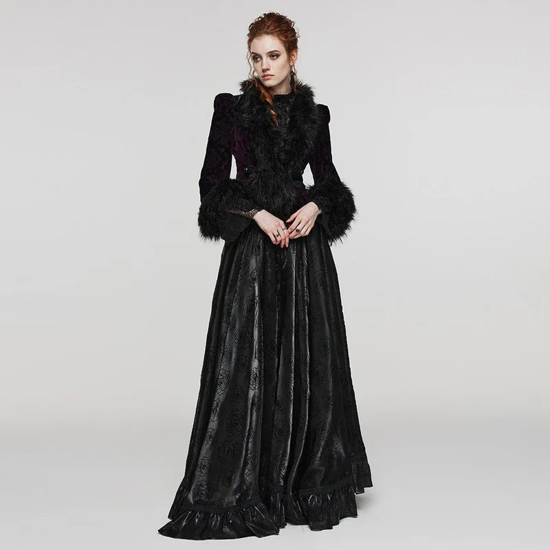 Damen-Gothic-Mantel mit tiefem Ausschnitt aus Kunstfell und Spleiß-Samt