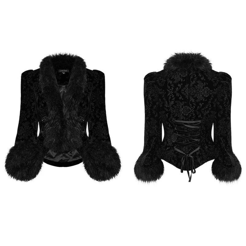Damen-Gothic-Mantel mit tiefem Ausschnitt aus Kunstfell und Spleiß-Samt