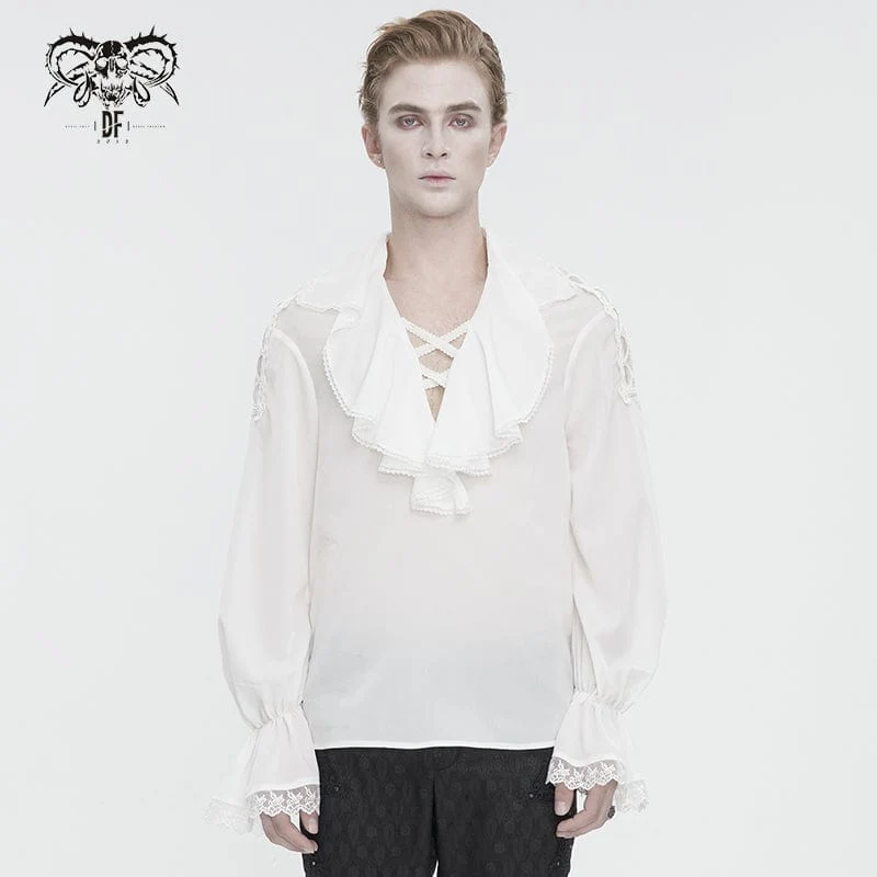 Herren-Hemd im Gothic-Stil mit Rüschenkragen und Puffärmeln in Weiß