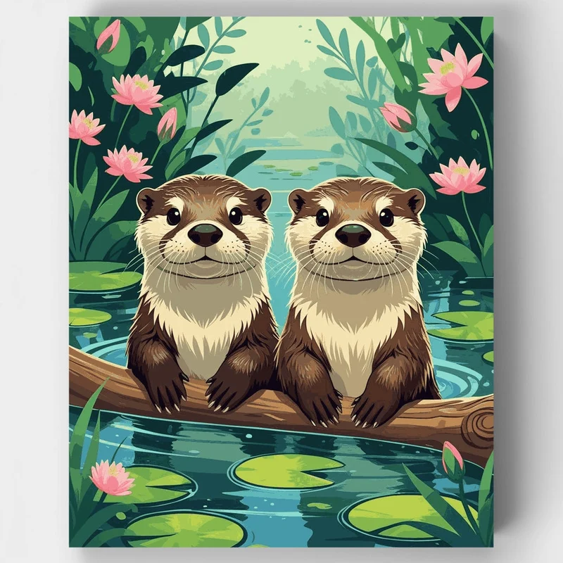 Two Adorable Otters in a Serene Pond - Paint by Numbers Kit