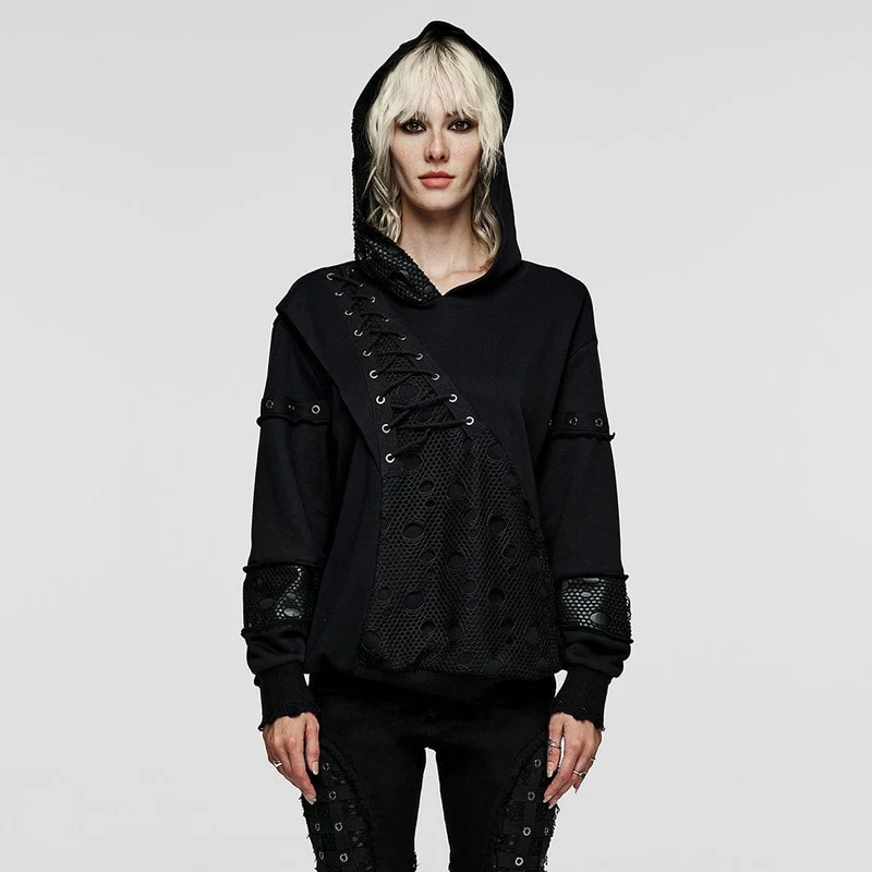 Punk Mesh Splice Unbesäumte Kapuzenpullover für Damen