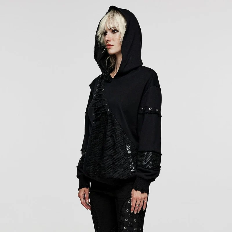 Punk Mesh Splice Unbesäumte Kapuzenpullover für Damen