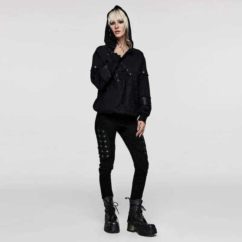 Punk Mesh Splice Unbesäumte Kapuzenpullover für Damen