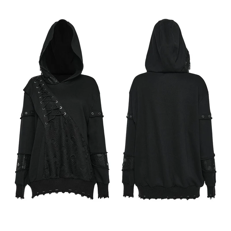 Punk Mesh Splice Unbesäumte Kapuzenpullover für Damen