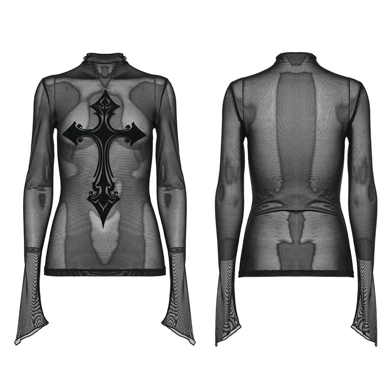 Damen-Gothic-Cross-Mesh-Shirt