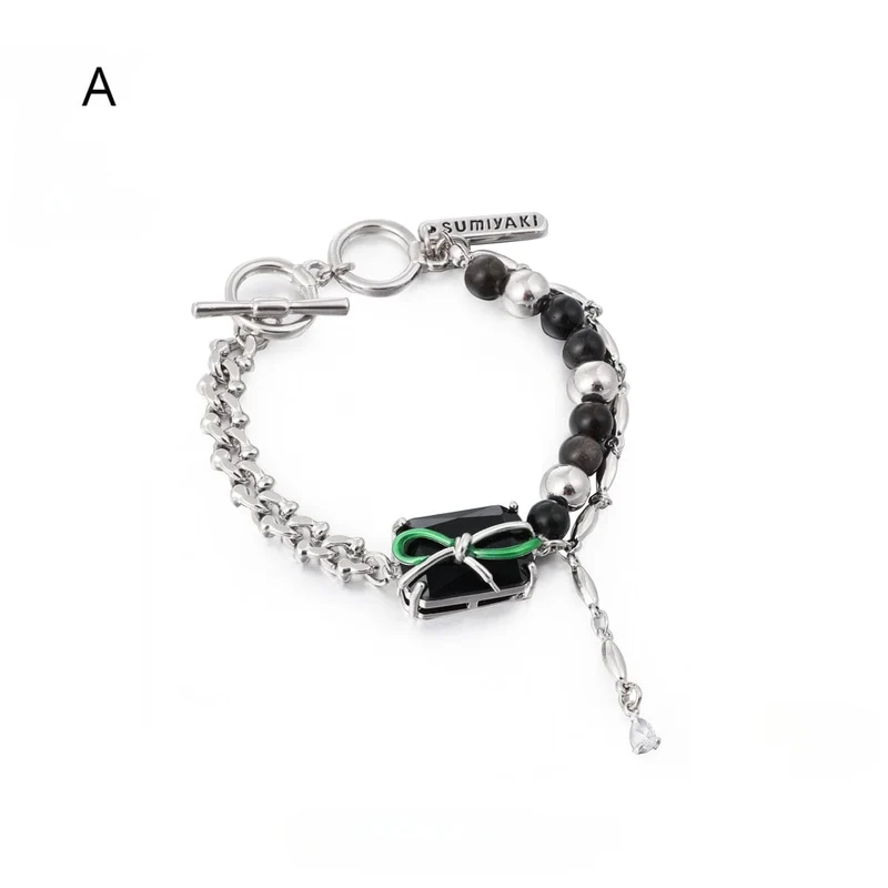 Damen-Punk-Armband mit Schleife aus Obsidian und Perlen
