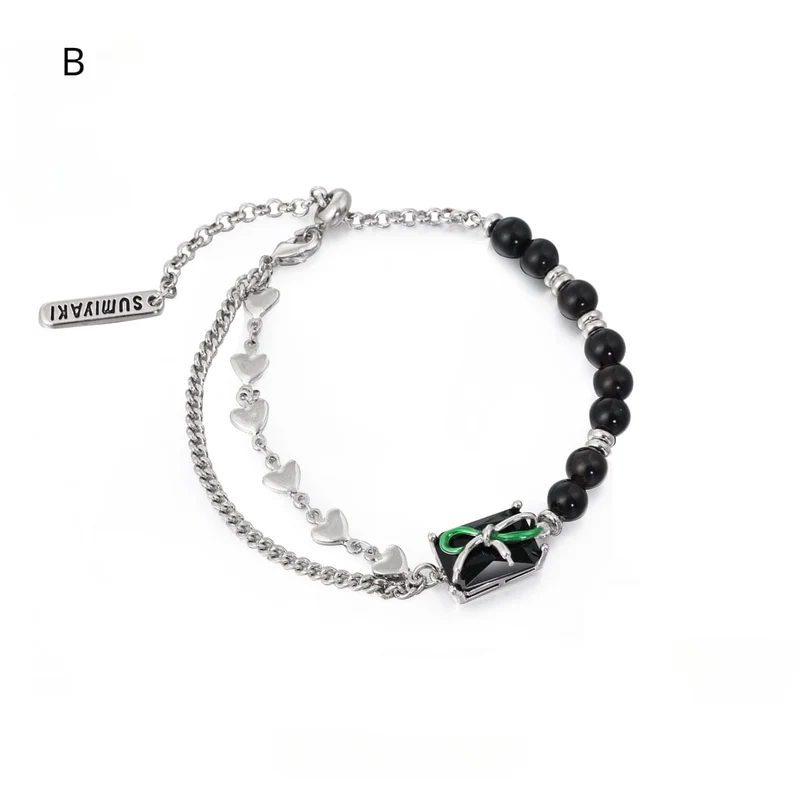 Damen-Punk-Armband mit Schleife aus Obsidian und Perlen