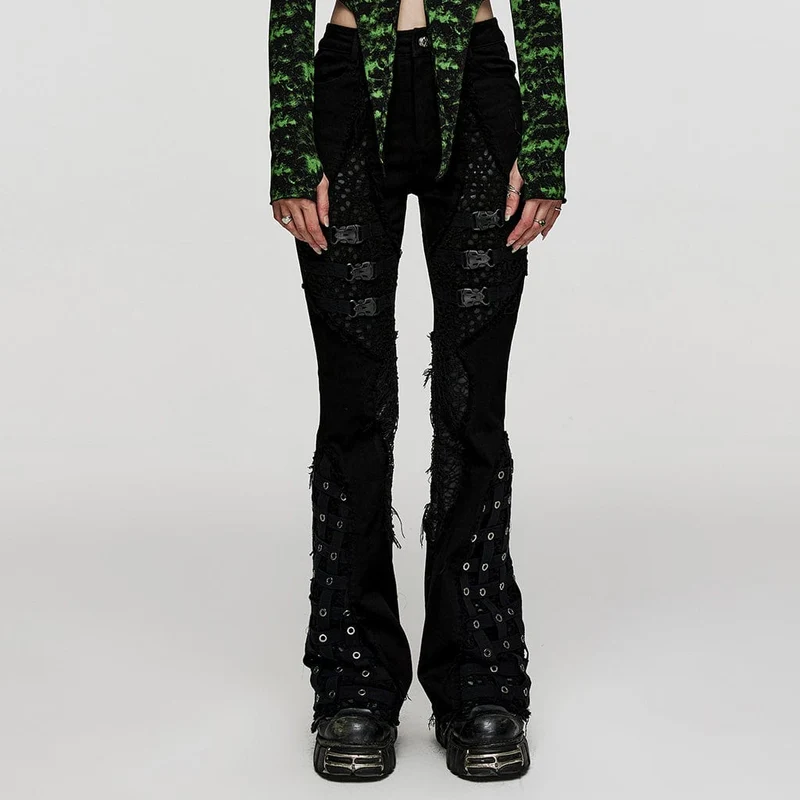 Unbesäumte Schlaghose mit Punk-Schnalle für Damen