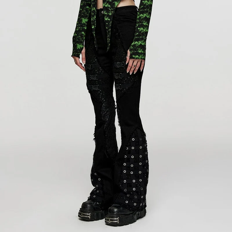 Unbesäumte Schlaghose mit Punk-Schnalle für Damen