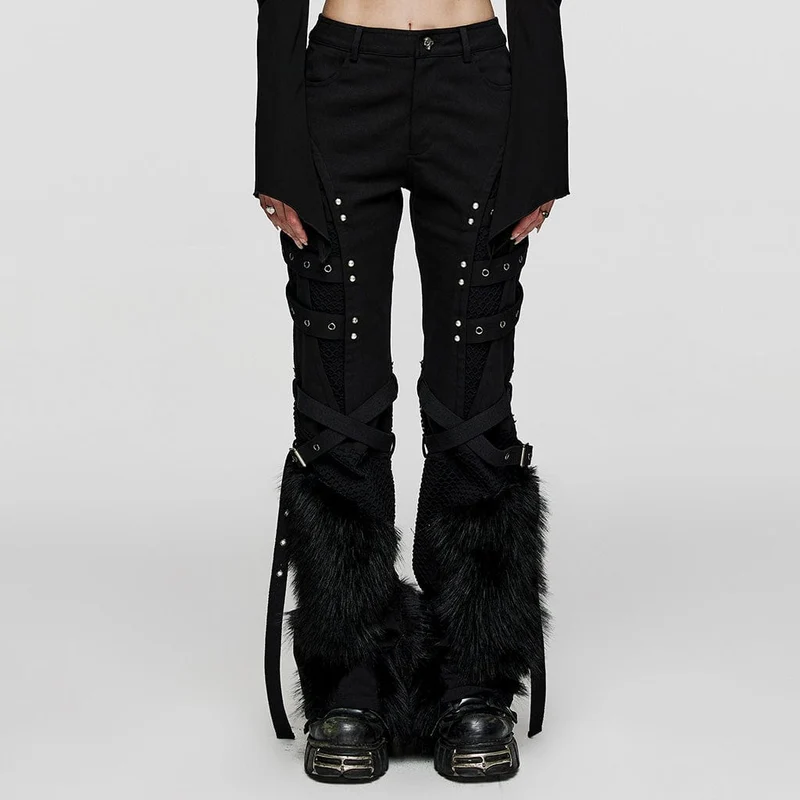 Flauschige Punk-Ösen-Mesh-Splice-Hose für Damen