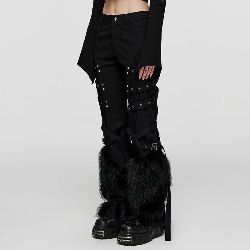Flauschige Punk-Ösen-Mesh-Splice-Hose für Damen
