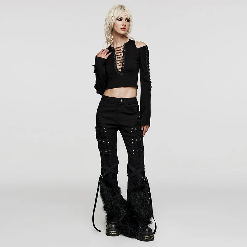 Flauschige Punk-Ösen-Mesh-Splice-Hose für Damen