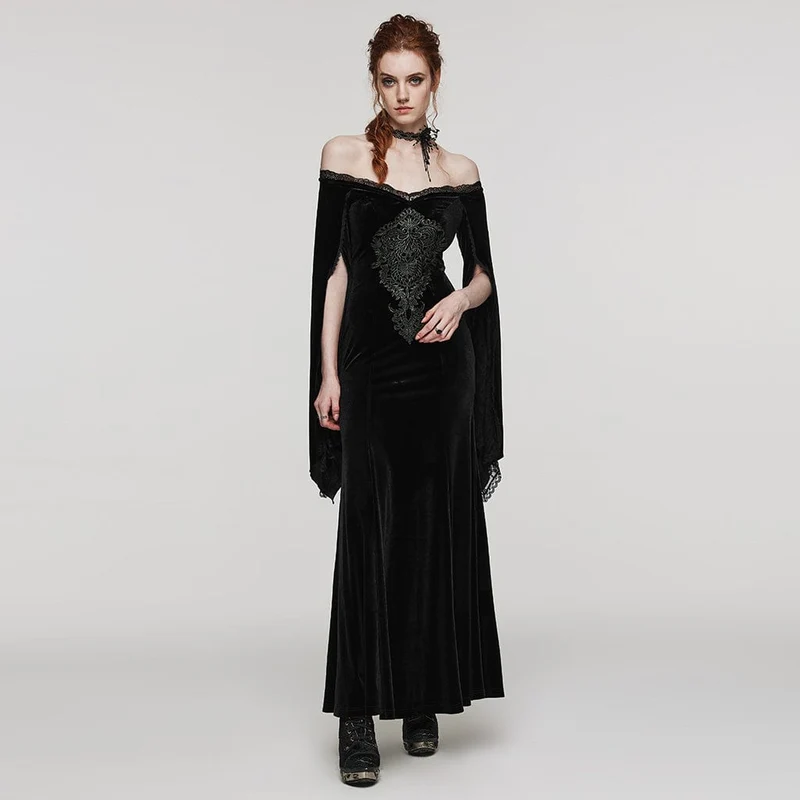 Damen-Hochzeitskleid aus Samt mit Gothic-Blumenstickerei, Spitze und Spleiß