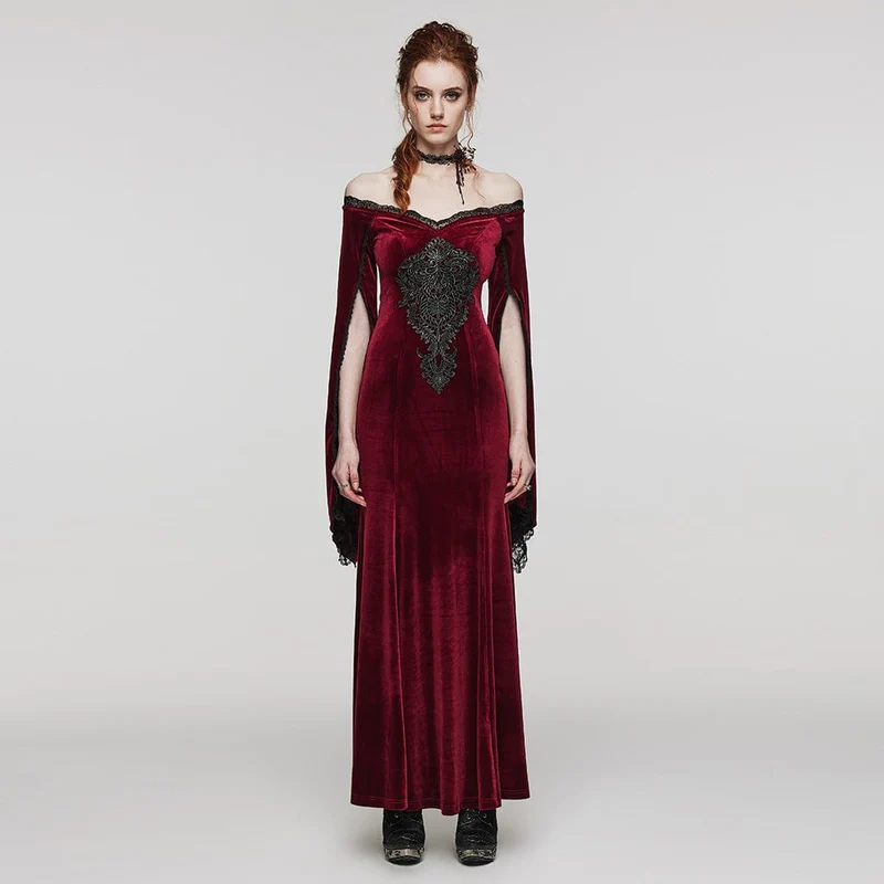 Damen-Hochzeitskleid aus Samt mit Gothic-Blumenstickerei, Spitze und Spleiß