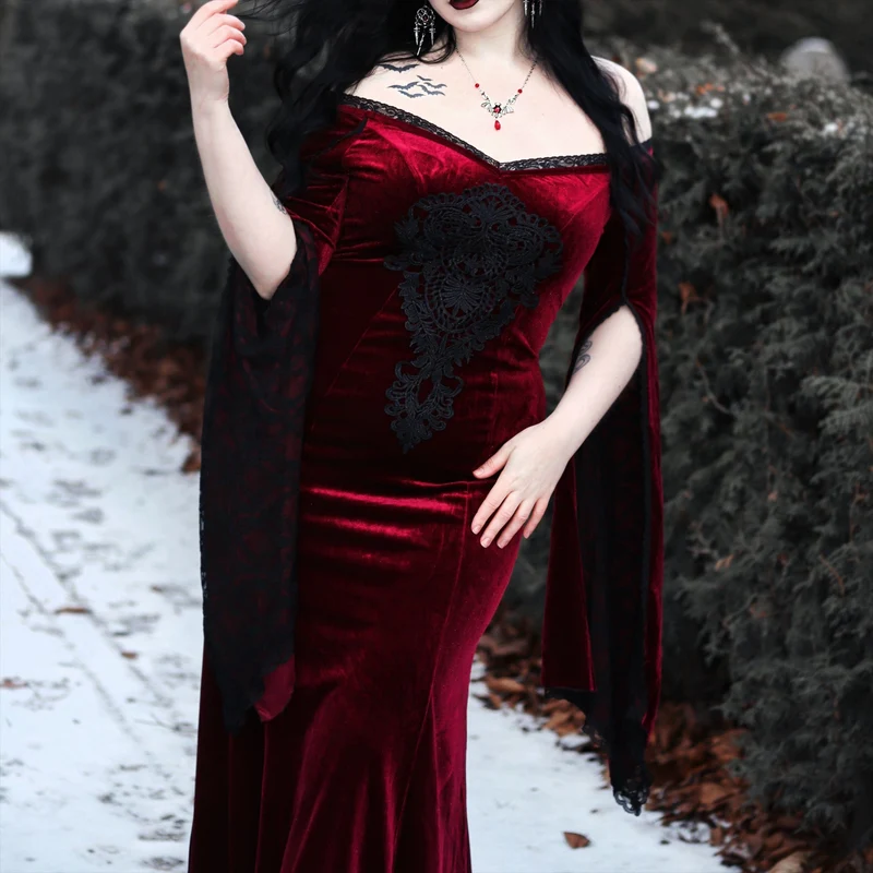 Damen-Hochzeitskleid aus Samt mit Gothic-Blumenstickerei, Spitze und Spleiß