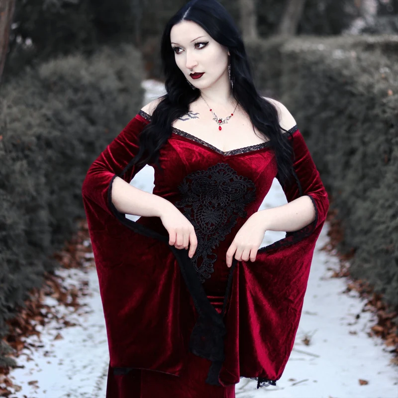 Damen-Hochzeitskleid aus Samt mit Gothic-Blumenstickerei, Spitze und Spleiß