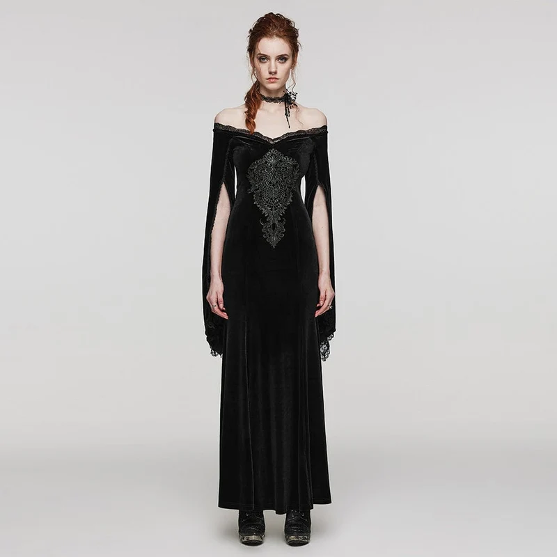 Damen-Hochzeitskleid aus Samt mit Gothic-Blumenstickerei, Spitze und Spleiß