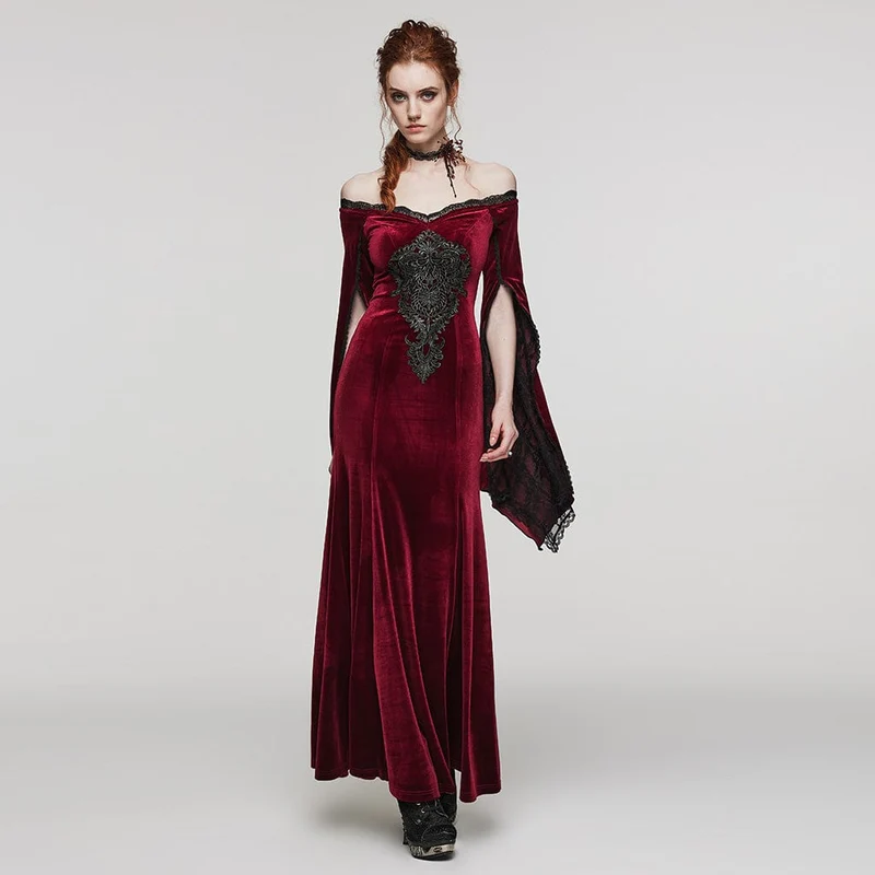 Damen-Hochzeitskleid aus Samt mit Gothic-Blumenstickerei, Spitze und Spleiß