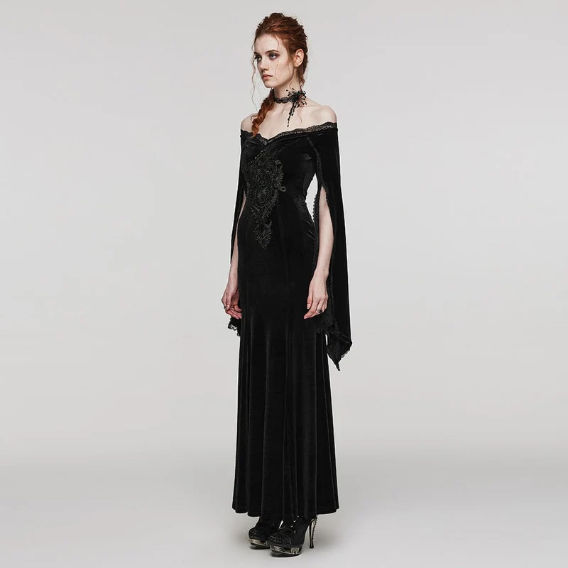 Damen-Hochzeitskleid aus Samt mit Gothic-Blumenstickerei, Spitze und Spleiß