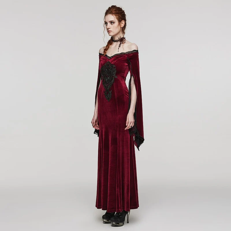 Damen-Hochzeitskleid aus Samt mit Gothic-Blumenstickerei, Spitze und Spleiß