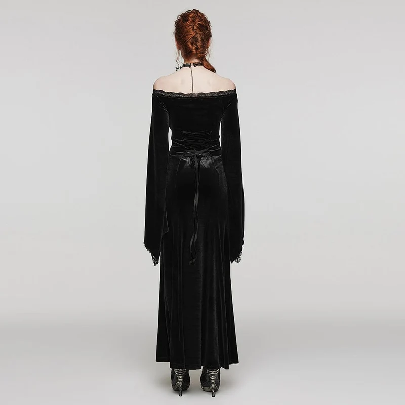 Damen-Hochzeitskleid aus Samt mit Gothic-Blumenstickerei, Spitze und Spleiß