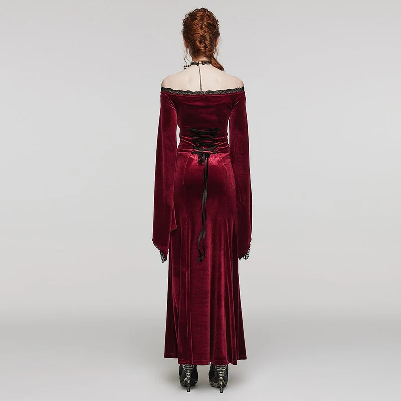 Damen-Hochzeitskleid aus Samt mit Gothic-Blumenstickerei, Spitze und Spleiß