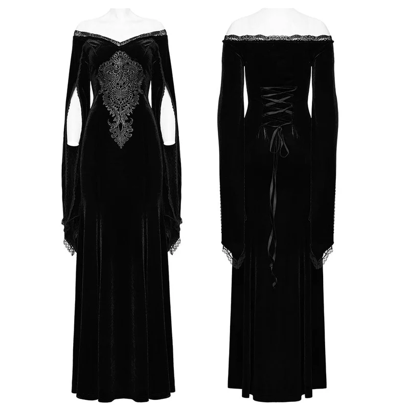 Damen-Hochzeitskleid aus Samt mit Gothic-Blumenstickerei, Spitze und Spleiß