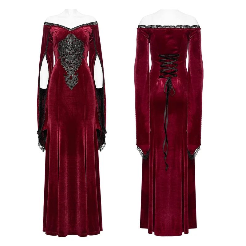 Damen-Hochzeitskleid aus Samt mit Gothic-Blumenstickerei, Spitze und Spleiß
