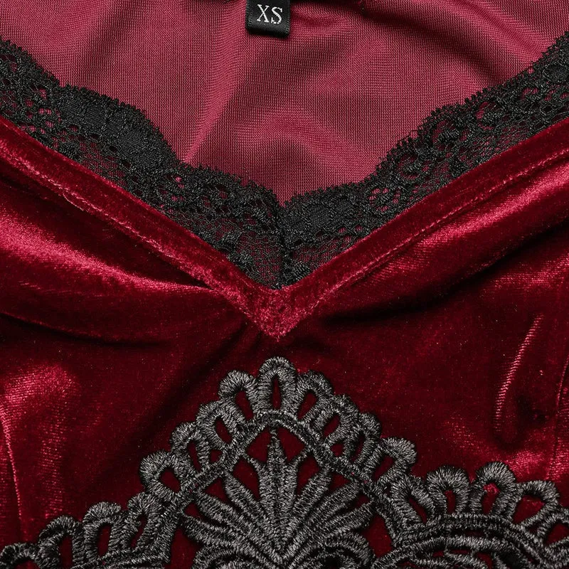 Damen-Hochzeitskleid aus Samt mit Gothic-Blumenstickerei, Spitze und Spleiß