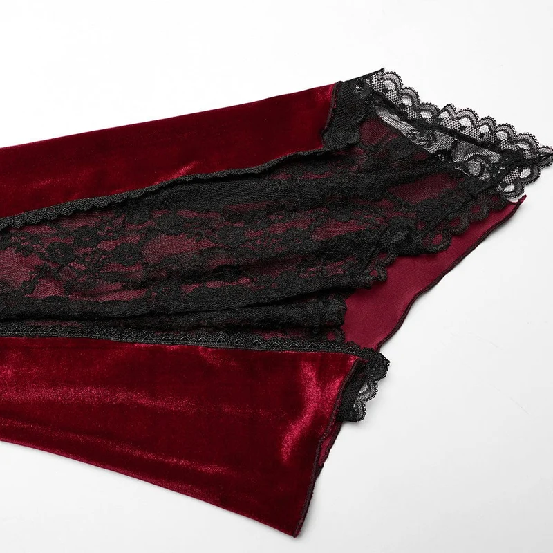Damen-Hochzeitskleid aus Samt mit Gothic-Blumenstickerei, Spitze und Spleiß