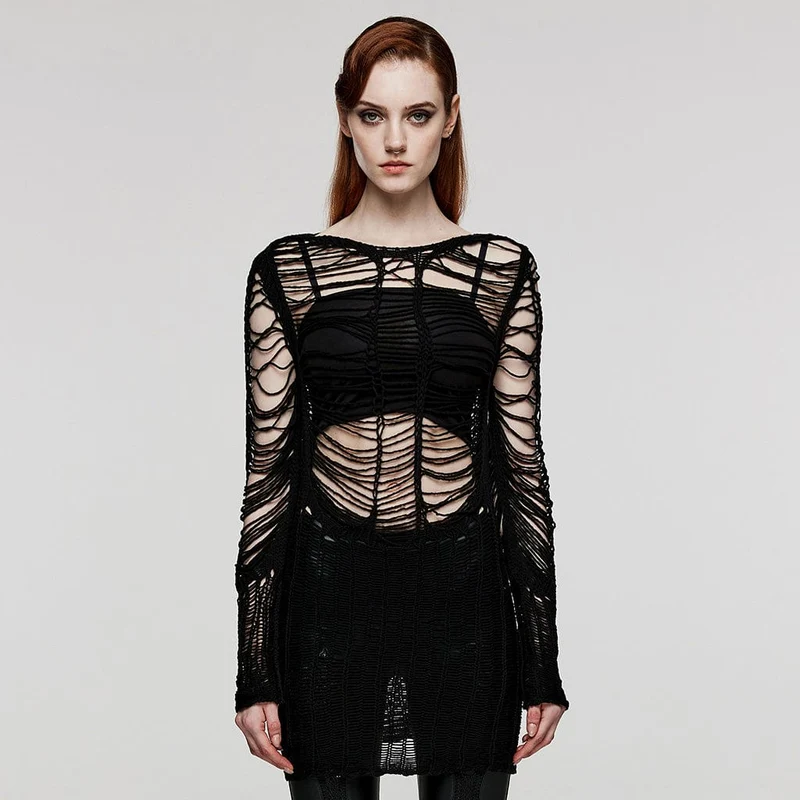 Damen-Punk-Pullover mit zerrissenem, transparentem Strick
