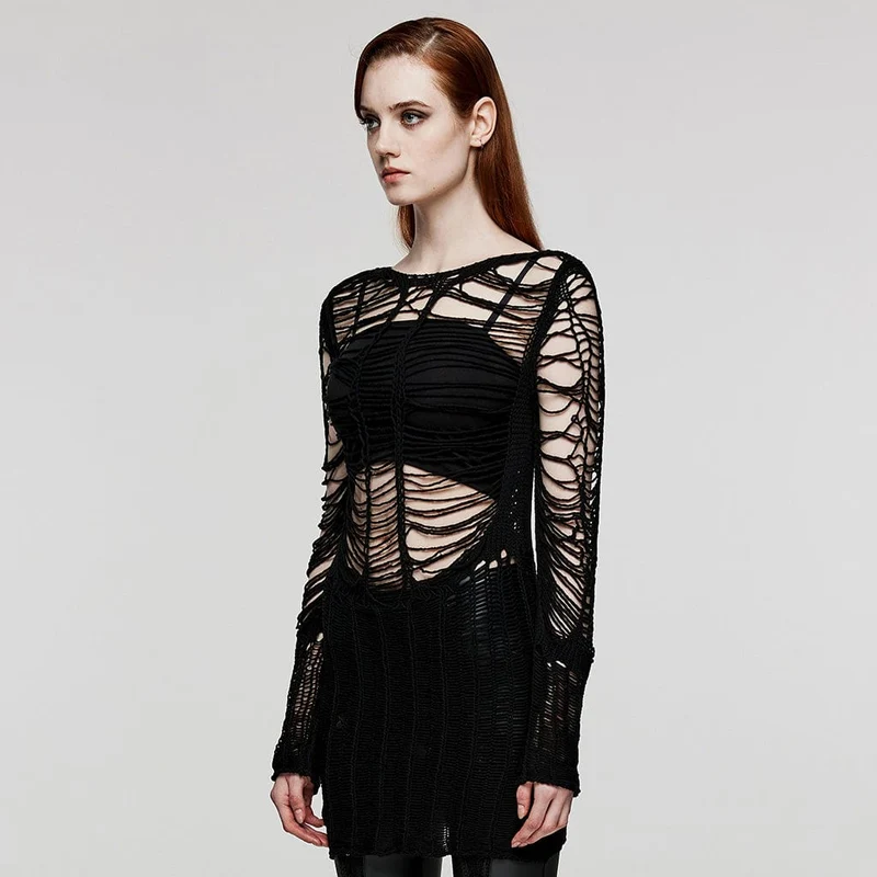 Damen-Punk-Pullover mit zerrissenem, transparentem Strick