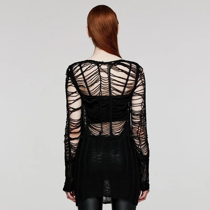 Damen-Punk-Pullover mit zerrissenem, transparentem Strick