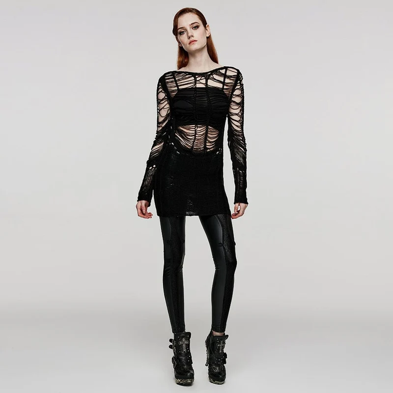 Damen-Punk-Pullover mit zerrissenem, transparentem Strick