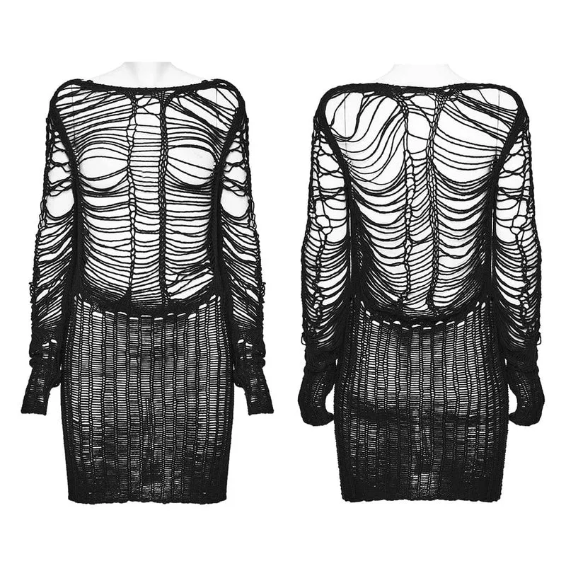 Damen-Punk-Pullover mit zerrissenem, transparentem Strick