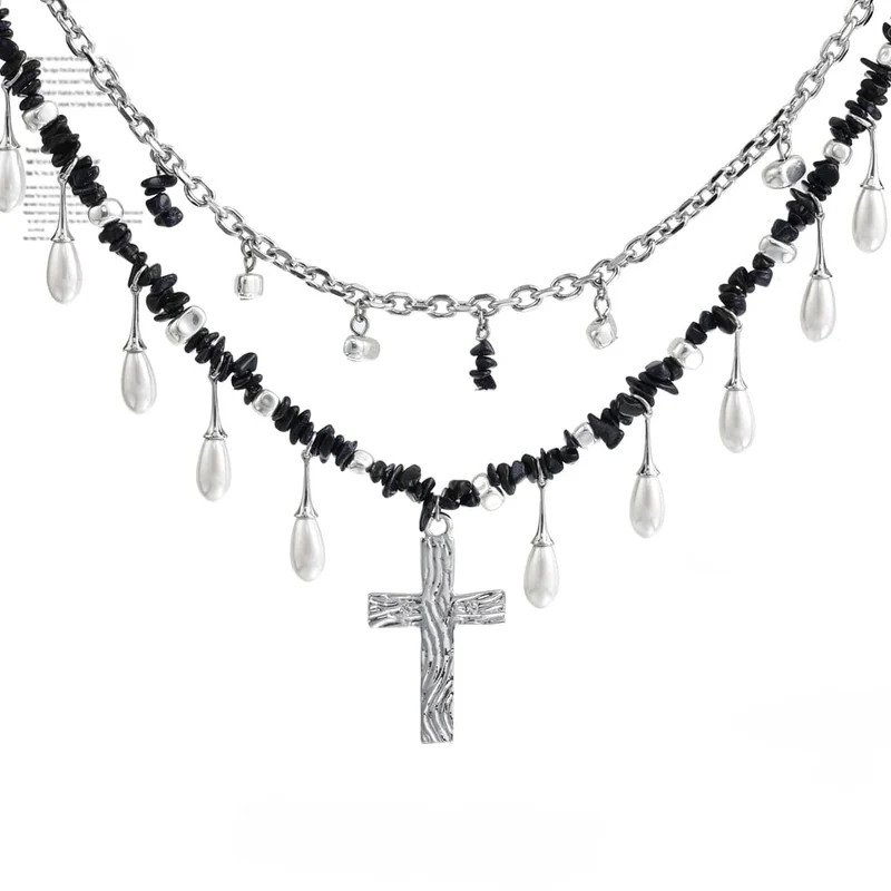 Zweilagige Perlenkette mit Punk-Kreuz für Damen